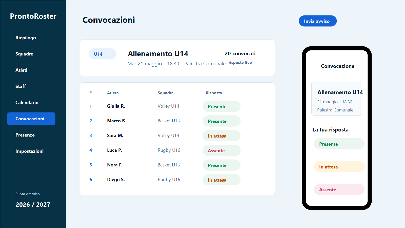 Convocazioni sportive con stati presente, assente e in attesa
