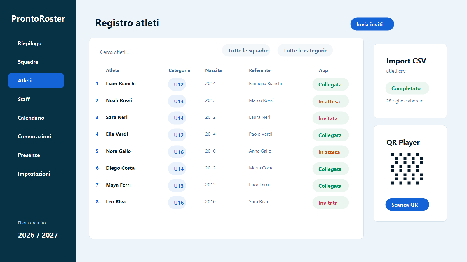 Registro giocatori ProntoRoster con dati dimostrativi