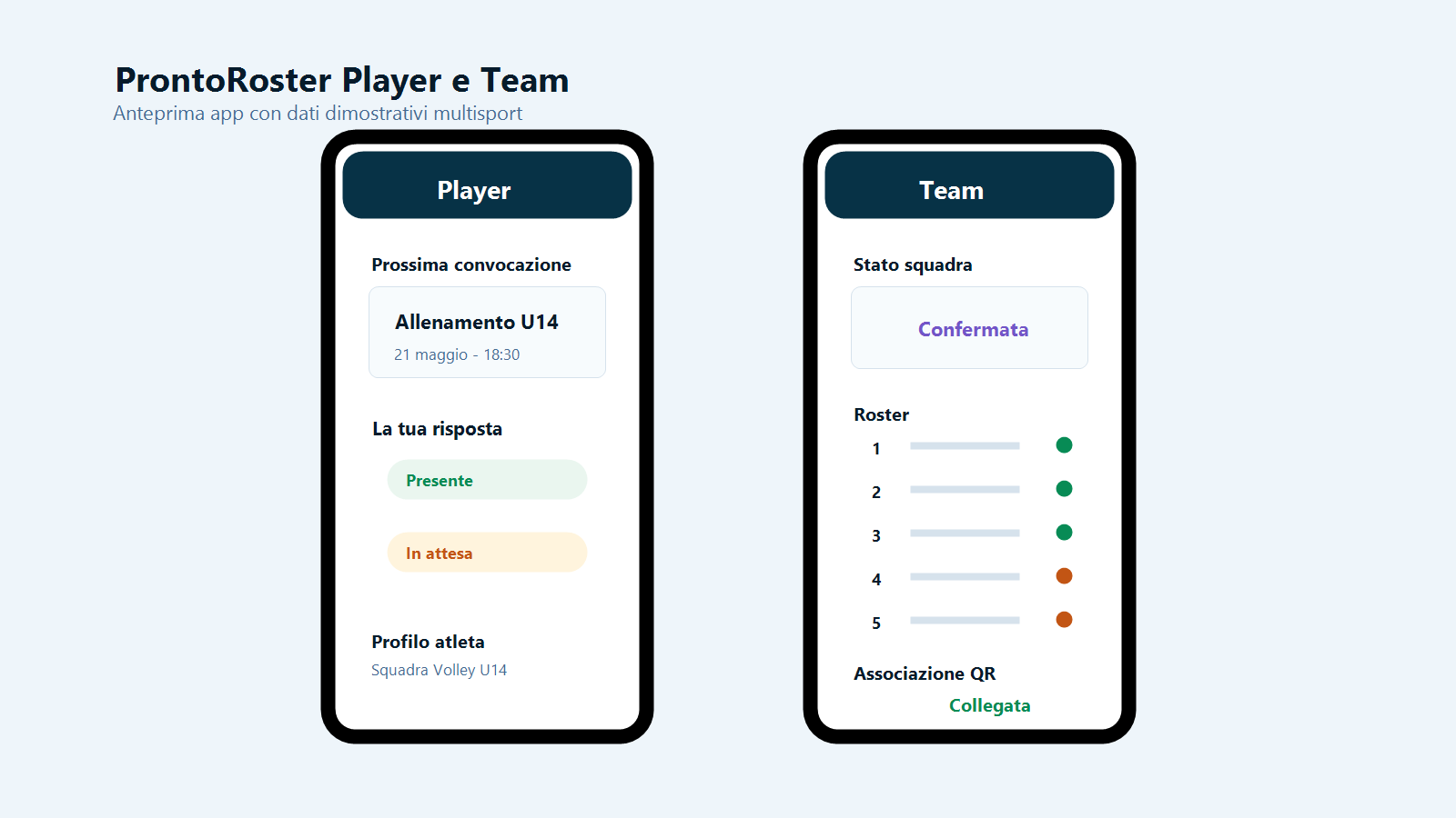 Anteprima delle app ProntoRoster Team e Player