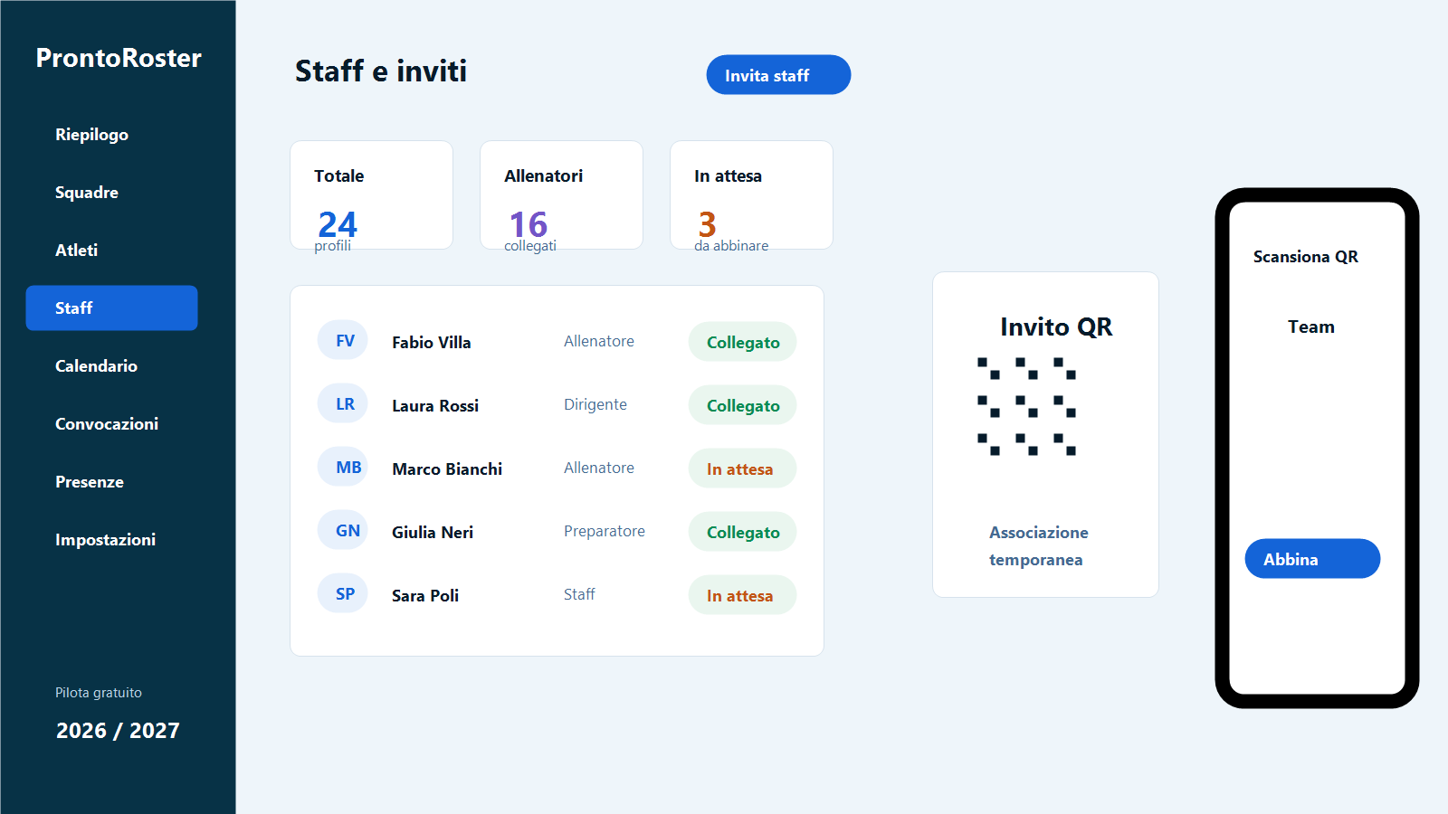 Gestione staff con invito QR e stato associazione app
